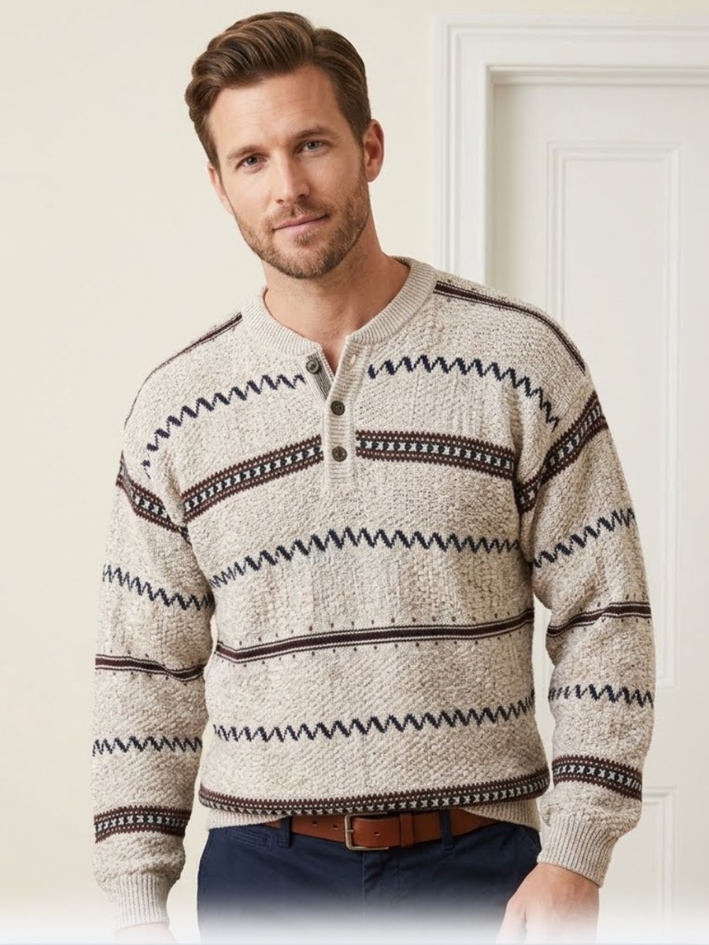 Vintage 90s Jantzen Men's Cream Zip-Neck Sweater with Navy & Brown Accents, XL